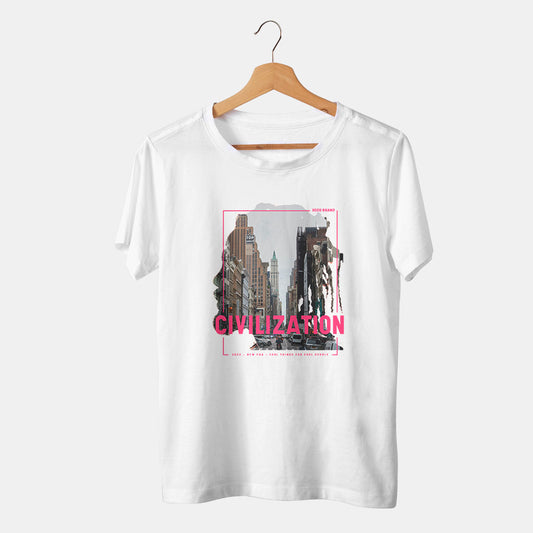 camiseta banca con silueta de hombre y ciudad nueva york en fondo blanco