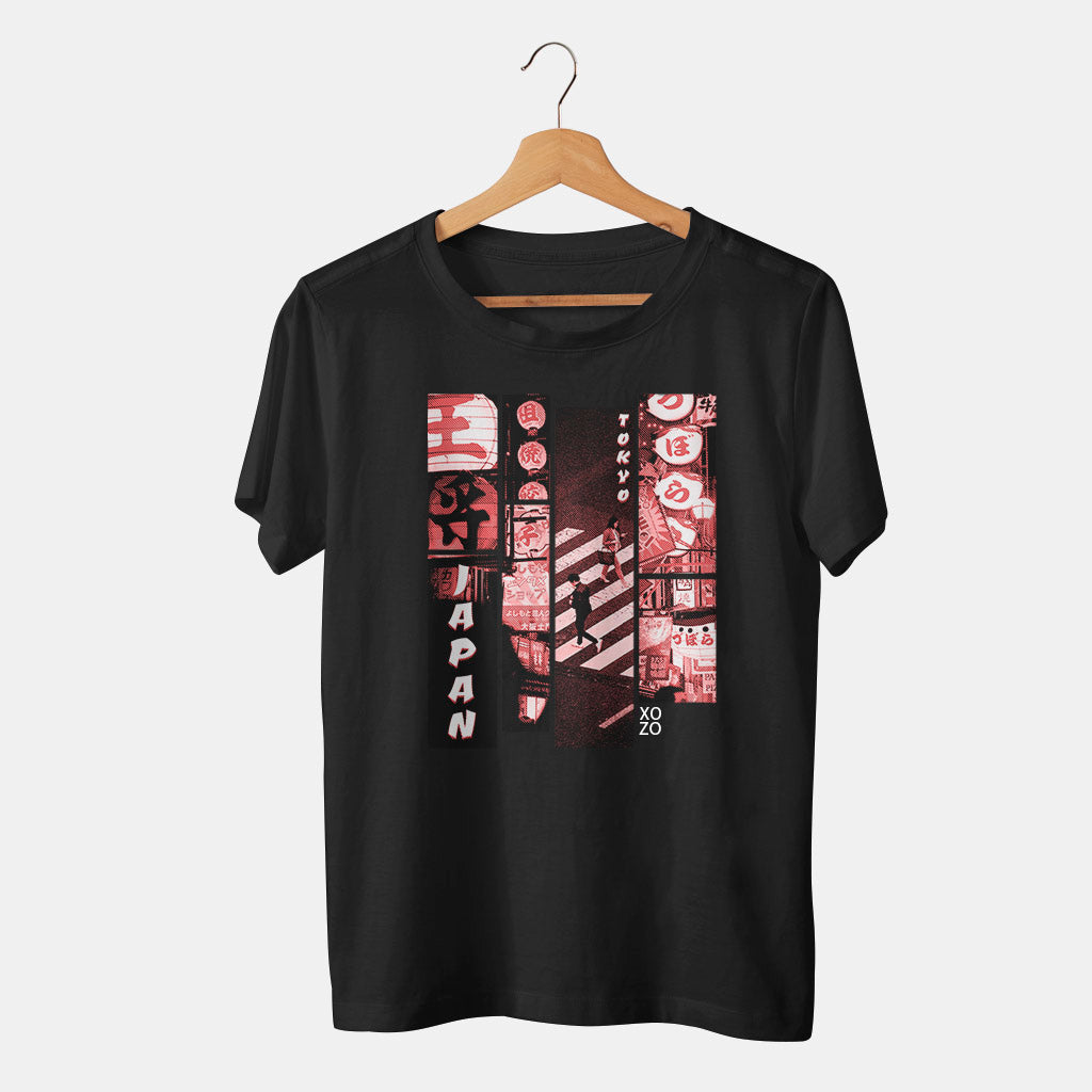 camiseta negra con la ciudad de tokyo y japon en fondo blanco