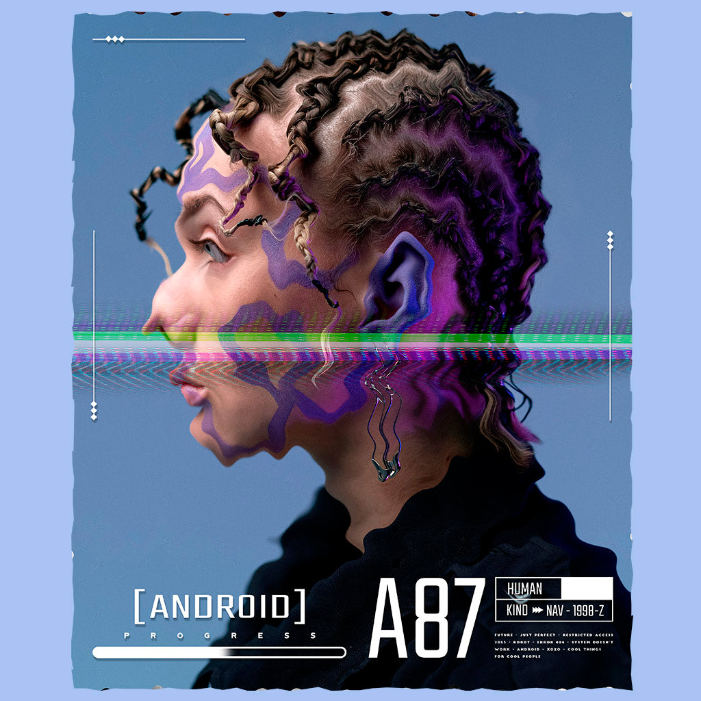 poster de una chica androide con trenzas del futuro con fondo azul