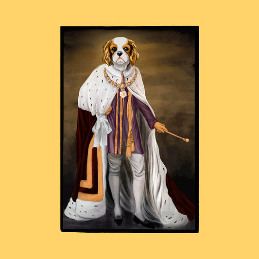 diseño gracioso perro rey renacentista con fondo amarillo