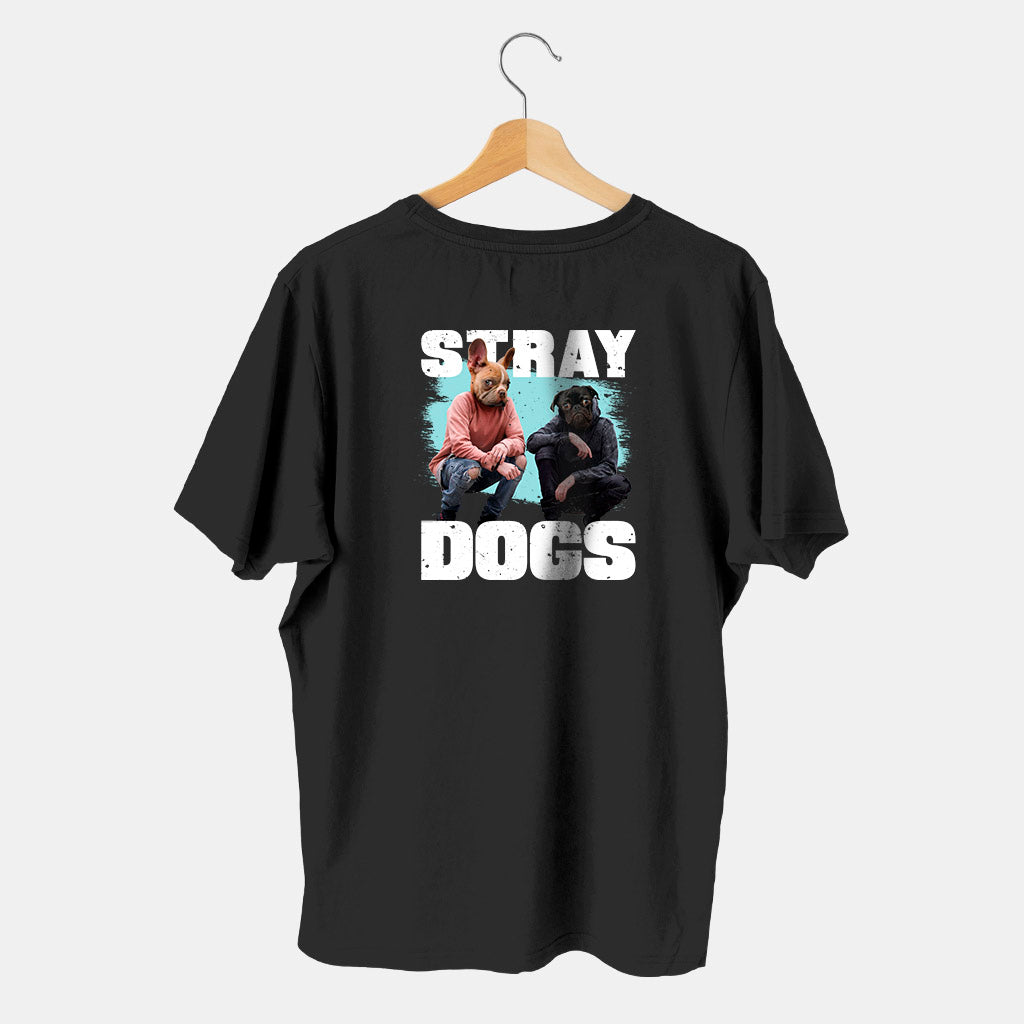 camiseta negra cabeza de perro amigos stray dogs en fondo blanco