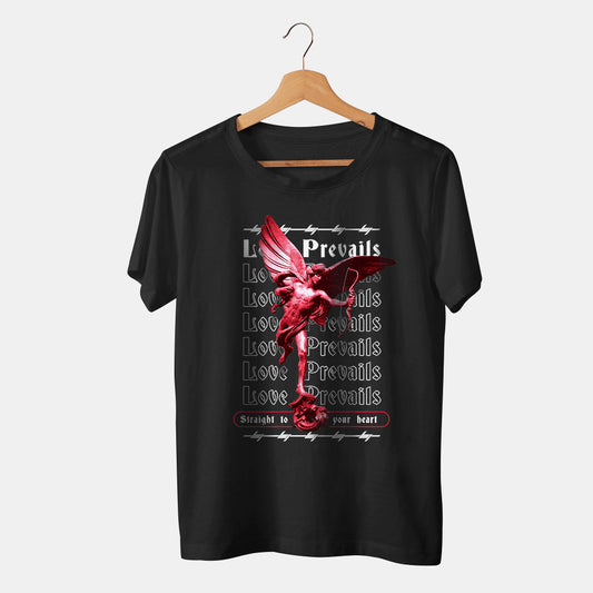 camiseta original negra angel cupido con arco y letras blancas con fondo blanco