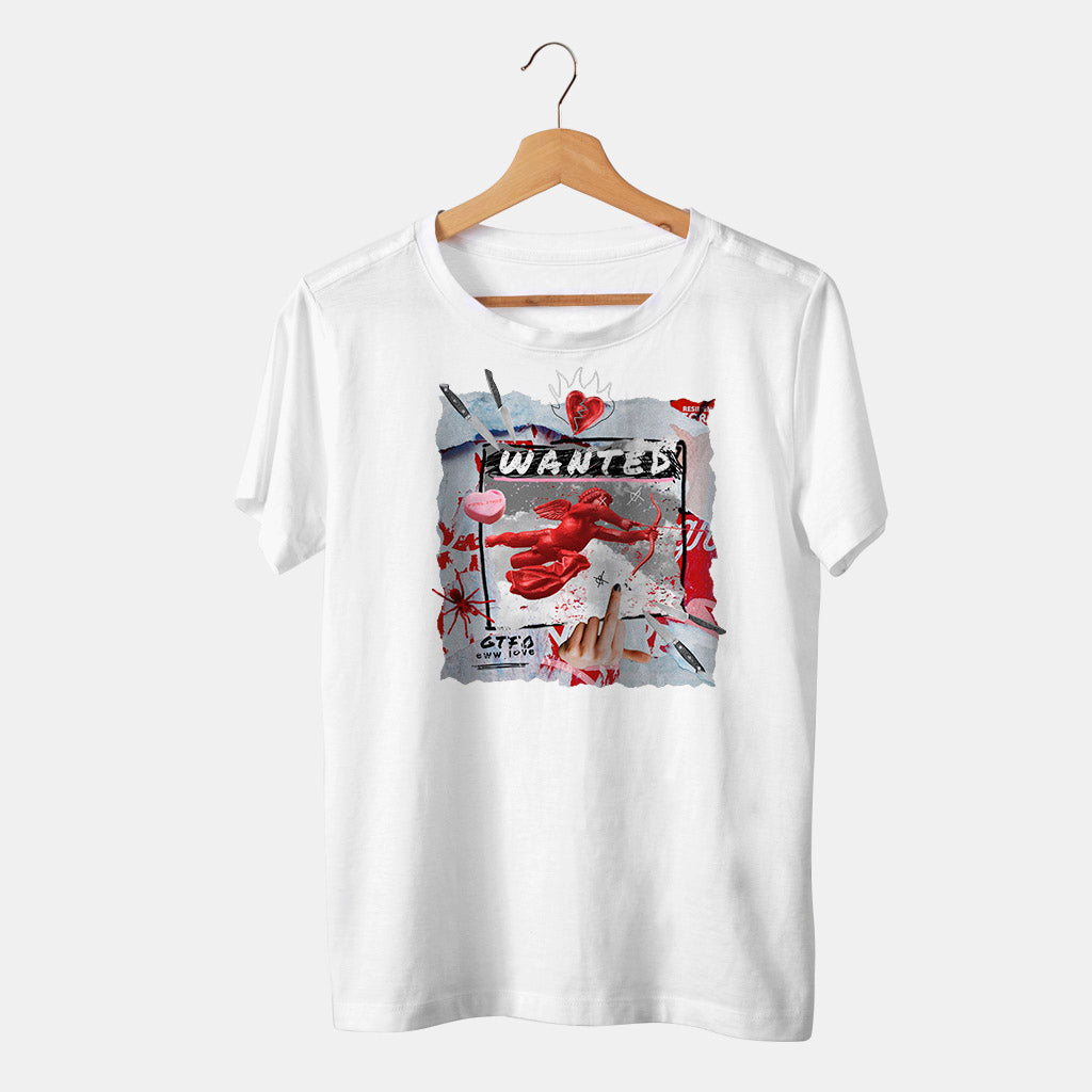 camiseta blanca san valentin angel wanted con fondo blanco