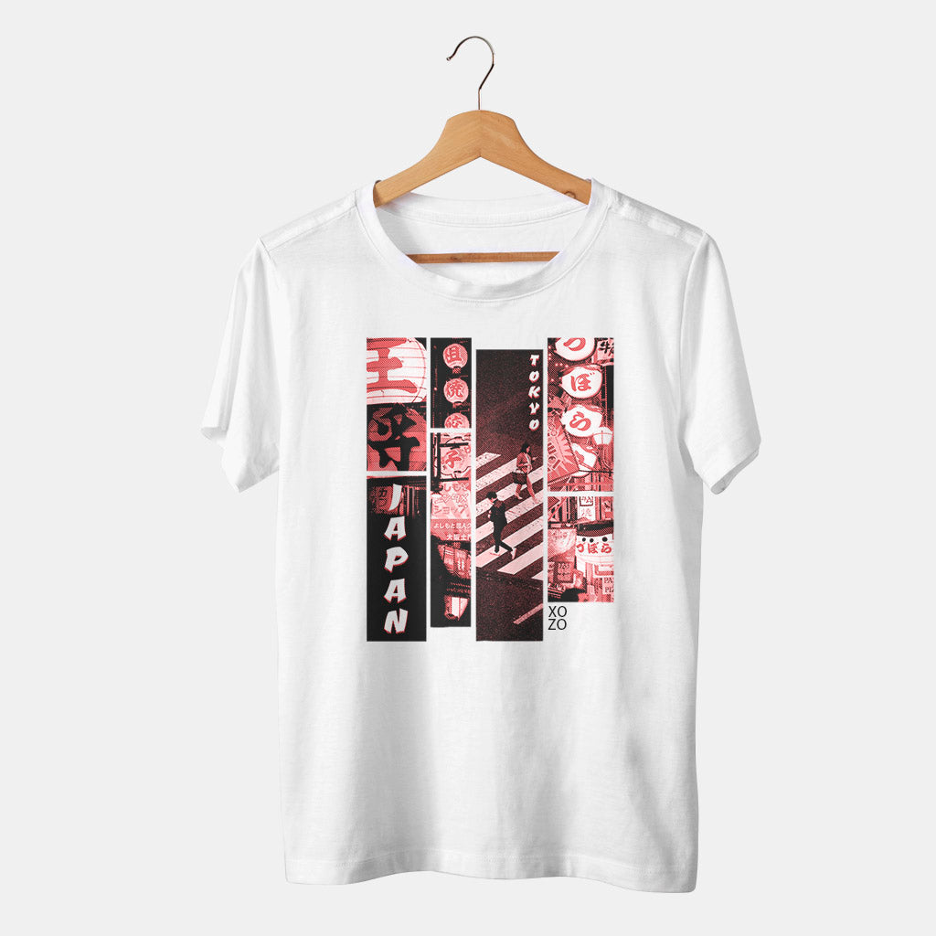 camiseta blanca con la ciudad de tokyo y japon en fondo blanco