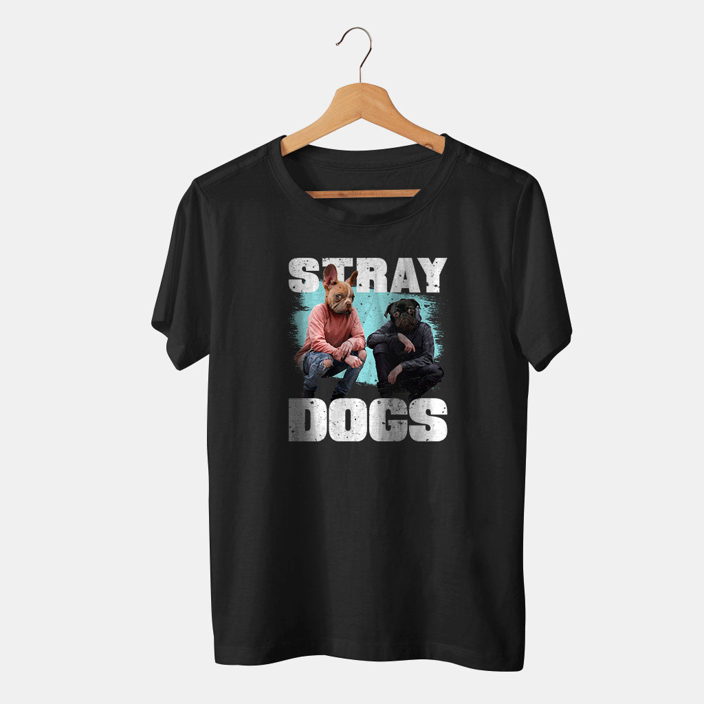 camiseta negra cabeza de perro amigos stray dogs en fondo blanco