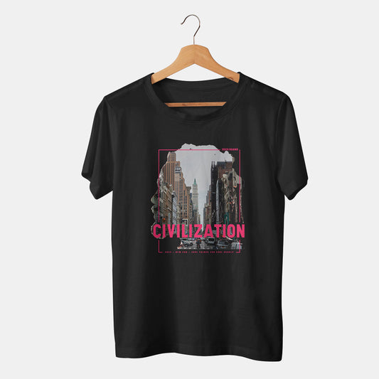 camiseta negra con silueta de hombre y ciudad nueva york en fondo blanco