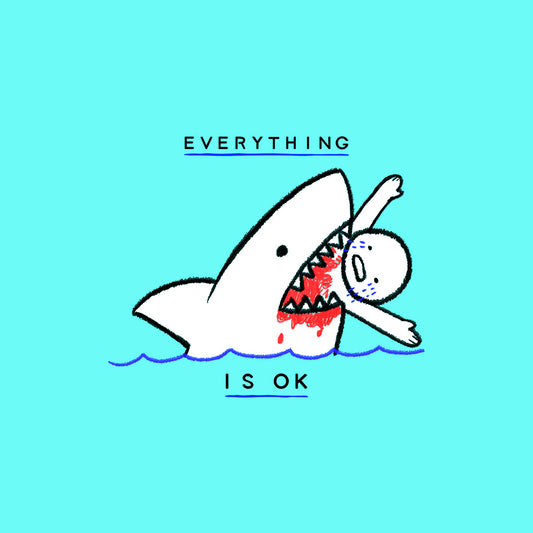 tiburon comiendo persona y frase everything is ok con fondo azul